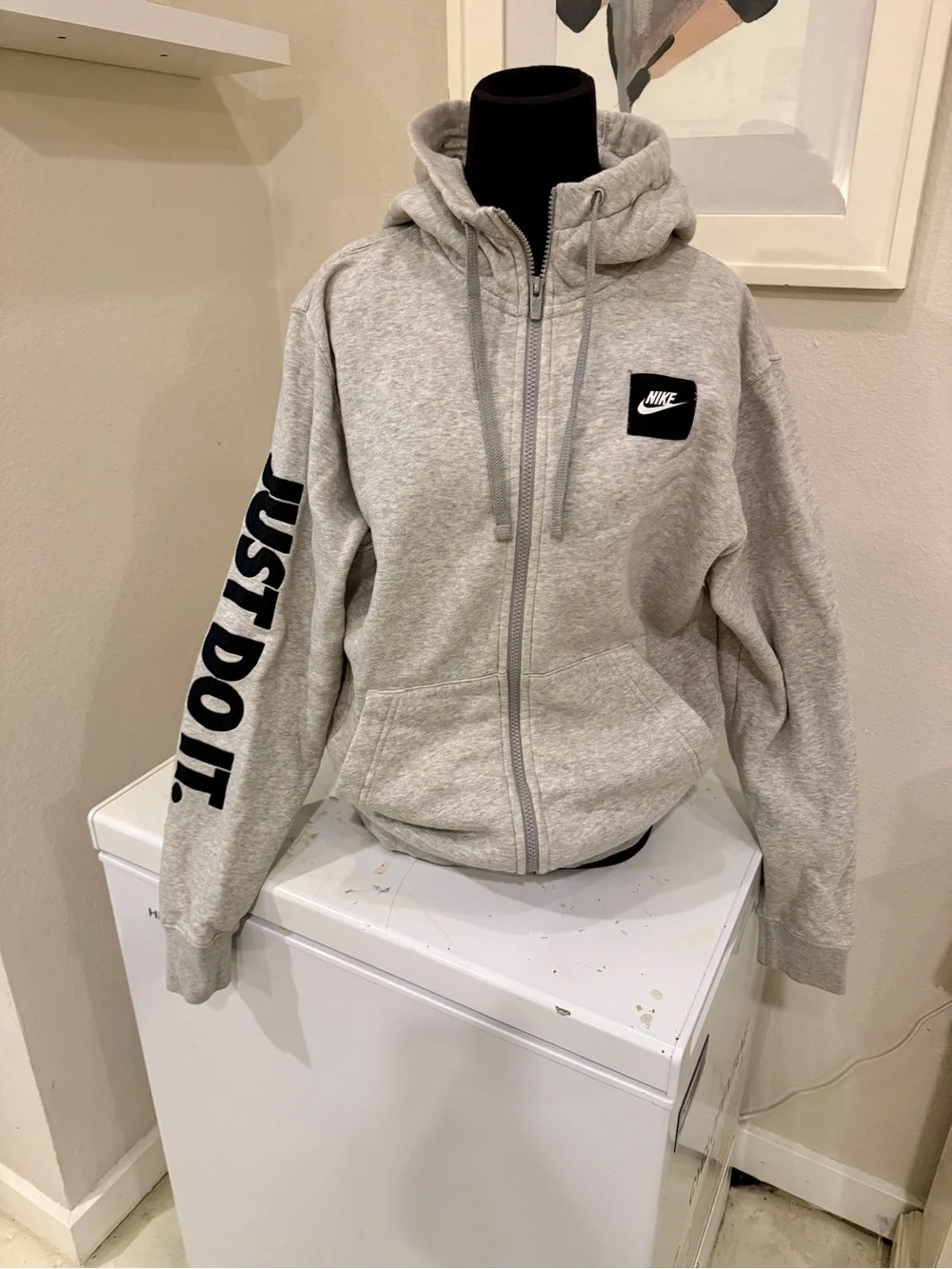 Nike Gray Full-Zip Hoodie with Black Logo and Sleeve Text